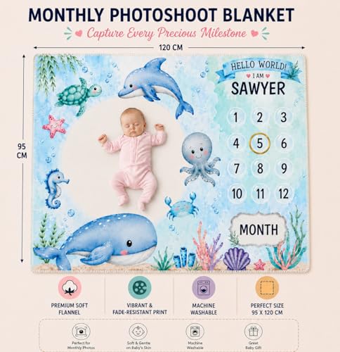 Image of Baby Monthly Milestone Photoshoot Blanket with Milestone Cards, Cotton, 115x95 cm, Animal Theme, 1-12 Months (Ocean)