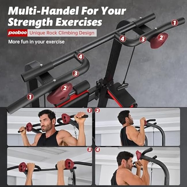 Pooboo Power Tower Dip Station Pull Up Bar for Fitness Home Gym Workout,Multi-Function Adjustable Height Fitness Strength Training Exercise Equipment,with Supine Board