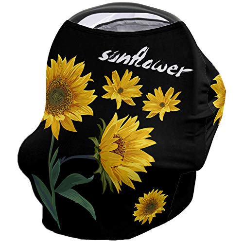 Image of Baby Car Seat Covers Sunflower, Nursing Cover Breastfeeding Scarf/Shawl, Infant Carseat Canopy, Stretchy Soft Breathable Multi-use Cover Ups, A Bunch of Sunflowers Black Backdrop
