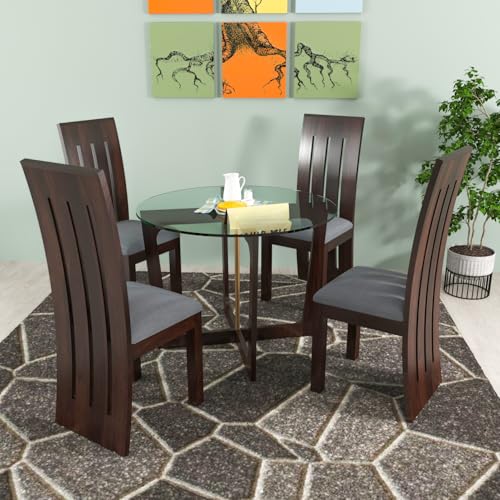 Image of Solid Sheesham Wood Dining Table Set of 4| Wooden 4 Seater Dining Table with 4 Cushion Chairs |Wood Dining Table & Chairs for Home, Restaurant, Cafe, Dining Room | Walnut Finish