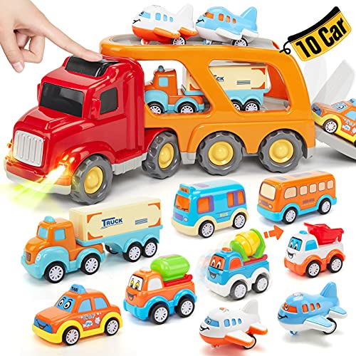 hahaland Jouet Enfant 3 Ans Petite Voiture Enfant 2 3 4 Ans, Garage Voiture Enfants 10 Pcs Camion Jouet avec Sons et Lumières, Camion Transporteur Cadeau...