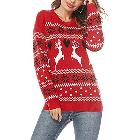 Doaraha Women Christmas Jumper Christmas Sweatshirt Novelty Jumper Xmas Knitted Casual Sweaters Reindeer Snowflake Round Neck Tops Ladies Pullover Red L Cover