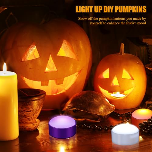 Image of Riakrum 6 Pieces Halloween Remote Timer LED Lights with Remote Summer Halloween LED Pumpkin Lights Battery Operated Lantern Bright Flameless Candle(White, Orange, Purple)