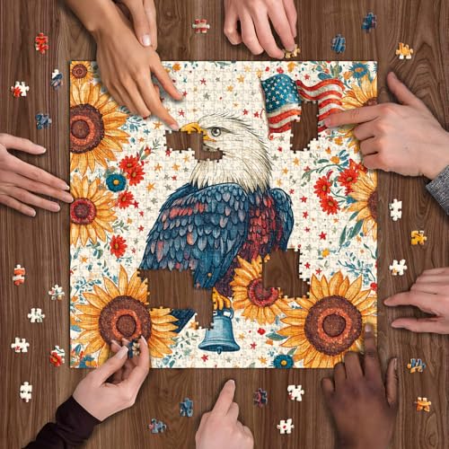 Puzzle de Águila Patriótica Americana para Adultos 1000 Piezas, Rompecabezas de Ave con Girasol, País Estados Unidos, Fe Patriótica, Majestuoso Águila Calva con Campana de la Libertad Floral miniatura 6