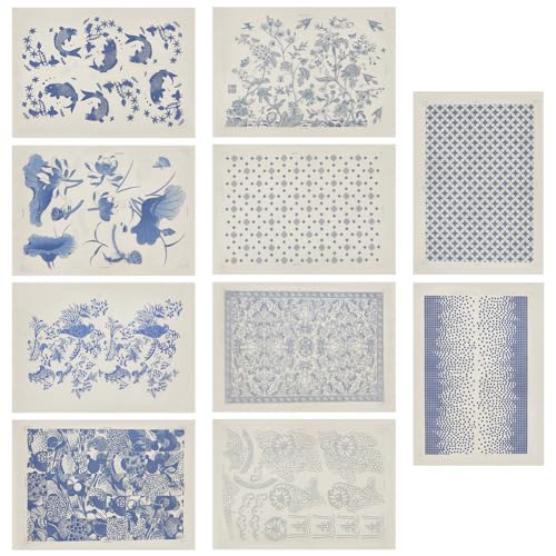 WEBEEDY 10 Styles Poterie Céramique Argile Papier de Transfert Papier de Décalcomanie à Glissière D'Eau Bleu et Blanc Transferts Sous Émail pour Studio Céramique Artisanat DIY Décor de Mariage 48x33cm