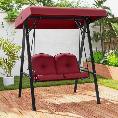 Image of Tangkula 2 Person Porch Swing, Patio Swing with Adjustable Canopy, Heavy-Duty Metal Frame & Soft Cushion, Outdoor Swing for Backyard, Garden (Wine)