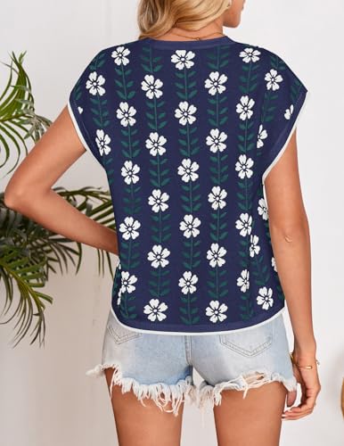 Image of ZESICA Women's Summer Trendy Knit Top 2026 Floral Print Short Sleeve Crewneck Loose Fit Sweater Vest Going Out Clothes