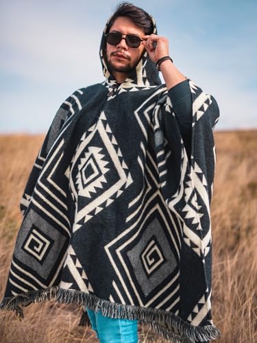 Image of Wool Poncho Men - Handmade Alpaca PONCHO - Mexican Poncho Style - Cowboy Ponchos for Men - Alpaca Ponchos.