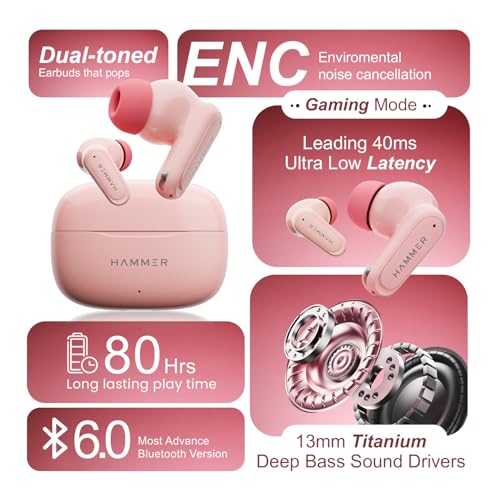 Image of HAMMER Airflow Neo Bubblegum Earbuds with 80H Playtime, 13mm Titanium Driver, 40ms Gaming Mode, Fast Charging Buds, Type-C Charging, Voice Assistant, Lightweight Dual-Tone Design (Pink)
