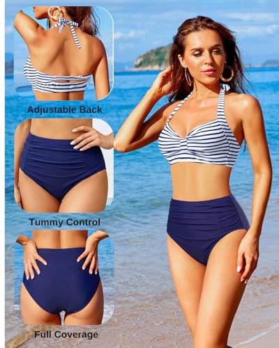 Image of Holipick Women High Waisted Bikini Set Two Piece Swimsuit Tummy Control Bathing Suit Vintage Halter Swimwear