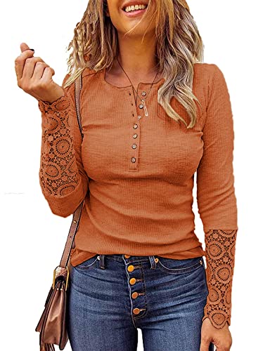 Image of Kancystore Women's Fall Long Sleeve Tops Lace V Neck Button Down Henley Shirts Tunic Blouses
