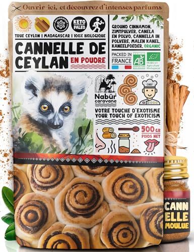 Nabür - 500 gr Canela de Ceilán Orgánico Bio en Polvo de Madagascar, Canela molida de Ceilán Biologico