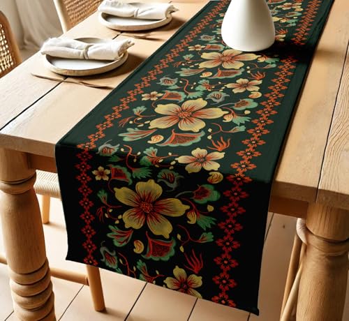 Cotton Twill Table Runner by Vargottam - Handcrafted Floral Design - 14” Wide Washable Table Runner for Kitchen, Living Room & Events - 60" inch Long