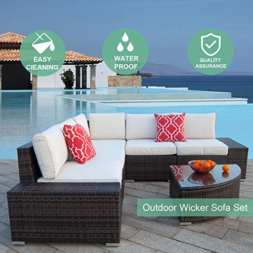Polar Aurora 6Pcs Patio Furniture Set Pe Brown Rattan Wicker Sectional Outdoor Sofa Set Outside Couch W/Washable Seat Cushions & Modern Glass Wedge Table For Patio, Backyard, Pool-Beige #TOP1