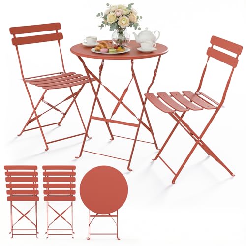 vounot® Ensemble de Bistrot Pliant Mobilier de Jardin en Métal 3 Pièces avec 1 Table et 2 Chaises Résistant aux Intempéries et aux UV pour Balcon Terrasse et Jardin Rouge Brique