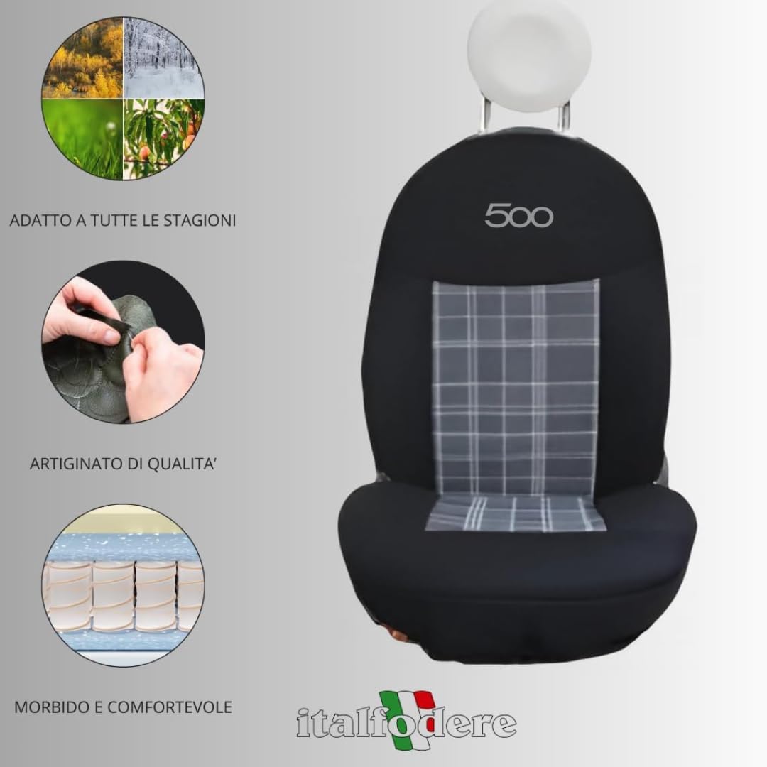 Italfodere - Coppia Coprisedili Anteriori Compatibili con Fiat 500 Dal 2007 in poi - Cotone Accoppiato - Fatti a Mano - Eleganti e Resistenti - Accessori Auto Interno - Scozia Nero - Made in Italy