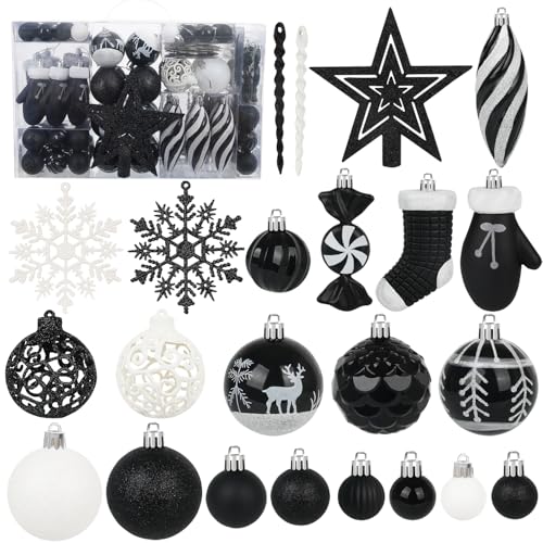 Miaikoe 135 Pcs Christmas Ball Ornaments Set, Shatterproof Plastic Assorted Pre-tied Christmas Balls for Xmas Tree Hanging Decorations Festival Party Holiday Decor (Black)