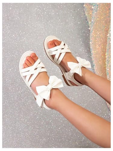 GORGLITTER Girl's Criss Cross Strappy Bow Cute Flat Sandals Open Toe Backstrap Vacation Flats White 3.52
