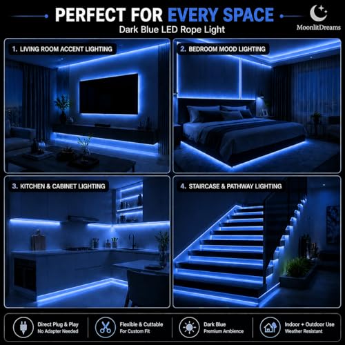 Image of MoonlitDreams Blue LED Rope Light 3M for Home Decoration | Waterproof Flexible Strip Tube for Ceiling Cove Lighting, Wall Decor, Indoor Outdoor Use, Festive & Diwali Lights