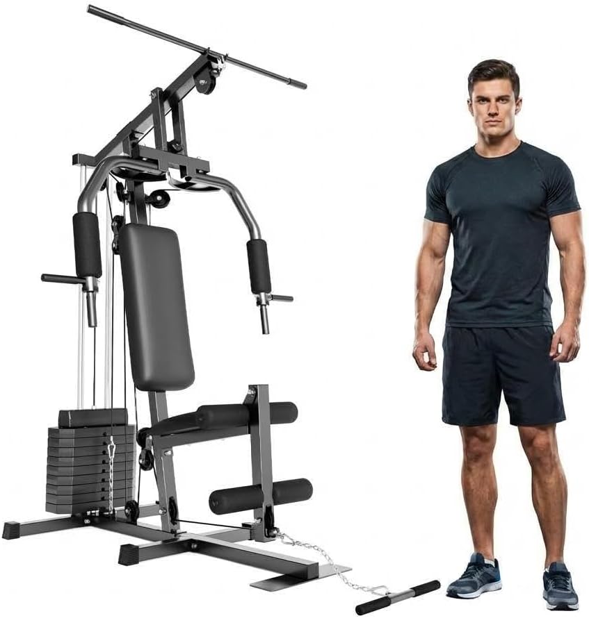 Home Gym Machine with 100LBS Weight Stack, 6-in-1 Multi-Station Workout Equipment, Full Body Strength Training System with Chest Press, LAT Pulldown, Leg Extension & Seated Row for Home Garage