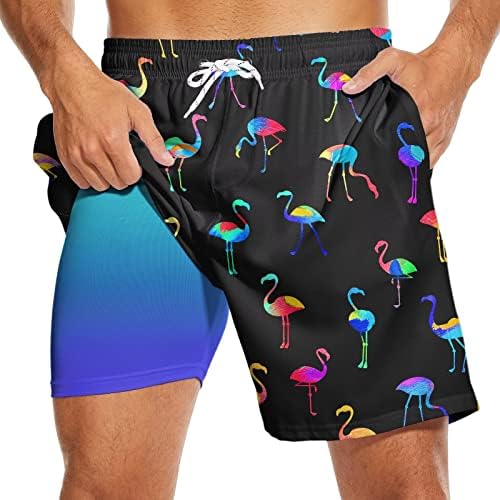 KYBATE Men Flamingo Swim Trunks Neon Board Shorts Colorful Flamingo Swimming Trunks with Compression Liner Swimwear