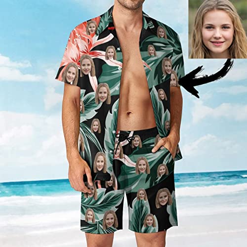 Custom Face Men's 2 Piece Flower Shirt Hawaiian Sets American Flag Printed Casual Button Down Short Sleeve Shirt Beach Gift2