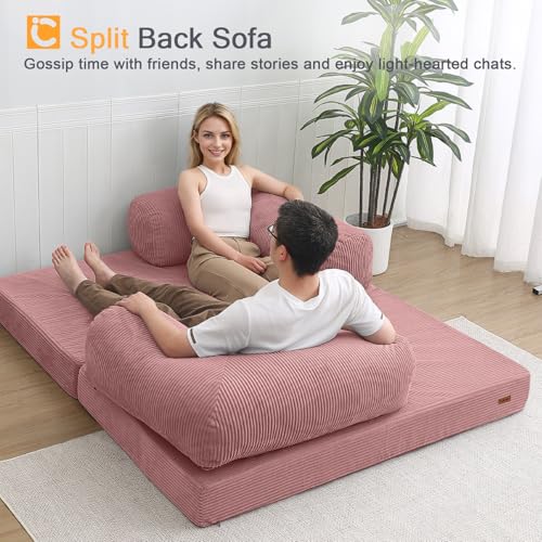 COMAX Folding Sofa Bed Queen, 4-in-1 Convertible Foldable Floor Couch Futon Sofa with Armrests, Sleeper Mattress Fold Out Chair Bed Comfy Portable Lounge Guest for Living Room Bedroom, Pink