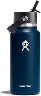 HYDRO FLASK - Water Bottle 946 ml (32 oz) with Flex Straw Cap - Vacuum Insulated Stainless Steel Water Bottle Flask - BPA-Free - Wide Mouth - Indigo