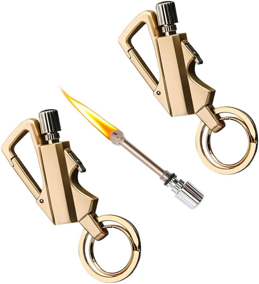 Keychain Lighter with Multi-Function Bottle Opener, Outdoor Match Kerosene Lighter, Reusable Waterproof, for Outdoor(2pack Gold)