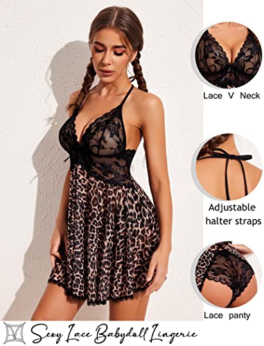 Avidlove Leopard Lingerie For Women Lace Babydoll Halter Chemise V Neck Nightgown Sexy Sleepwear Nightwear Budior Nighty #TOP2