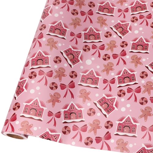 Ribbli Pink Christmas Wrapping Paper Mini Roll Gingerbread Man and Candy Cane Gift Wrapping Paper for Girls Kids, Mini Roll-17 Inch x 33 Feet