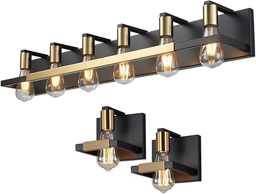 Hamilyeah Lámpara de tocador de baño de 6 luces sobre el espejo, 6 bombillas negras y doradas, lámpara de pared de 36 pulgadas para baño, sala de