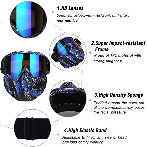 PiscatorZone Motorcycle Goggles Mask, Tactical Glasses with Detachable Mask Adjustable Windproof Outdoor Paintball Airsoft Mask Face Shield for Kids Men Women