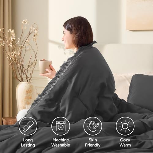 Image of Andency Comforter King Size Bed Set Dark Grey, 3 Pieces Boho Lightweight Winter Bedding Comforters & Sets, All Season Soft Tassel Bed Set (104x90In Comforter & 2 Pillowcases)