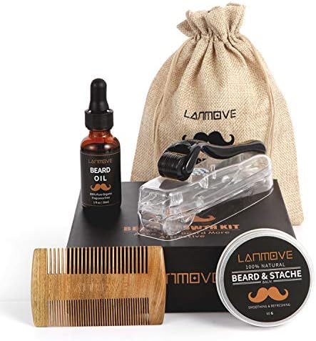 Upgraded Derma Roller Beard Growth Kit, Beard Roller + Beard Growth Oil + Beard Balm + Sandalwood Beard comb for Men, Grow Beard with Beard Stimulator Hair Growth Kit, Microneedle Derma roller