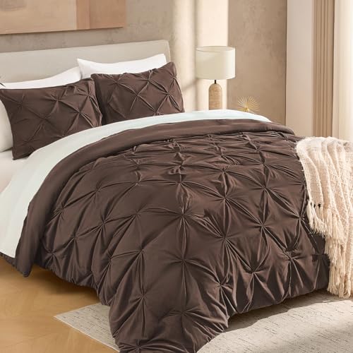 Image of Andency Queen Pinch Pleat Comforter Set (90 inchx90 inch),3 Piece Lightweight Pintuck Bedding Comforters & Sets, Fluffy Down Alternative Comforter with 2 Pillow Shams for All Season,Brown