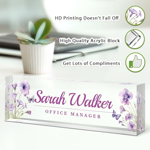 Image of Name Plate for Desk, Desk Name Plate Personalized, Office Decor for Women Men, Acrylic Desktop Accessories, Office Appreciation Gifts for Boss Social Workers Nurse Teacher Employee (Purple)