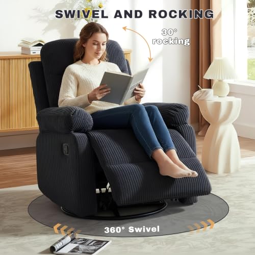 Image of Rocking Recliner Chair,Modern Swivel Glider Recliner Chair,Corduroy Fabric Upholstery Recliner,Manual Reclining Sofa Chair for Living Room,Office,Apartment (Dark Grey)