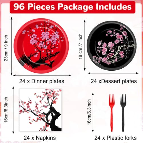 Image of 96Pcs Hibachi Party Decorations Chinese Japanese Cherry Blossom Tableware Sets Cherry Flowers Party Plates and Napkins for Hibachi New Year Spring Festival Wedding Supplies for 24 Guests