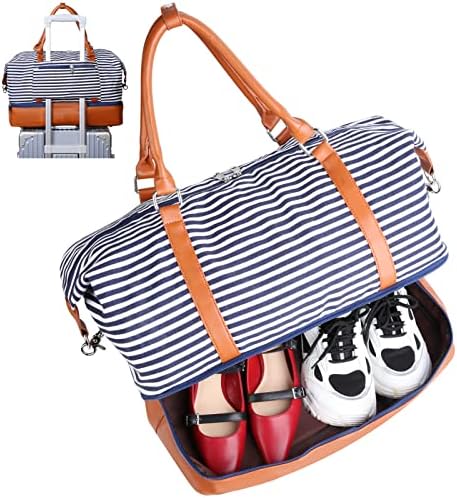 Bodaon Weekender Bag with Shoe Compartment Storage for Women/Men, 39L Sports Gym Tote Bags, Extra Large Duffel Bags for Traveling, Carry on Canvas Duffle Bags for Airplanes (Blue and White Stripe)