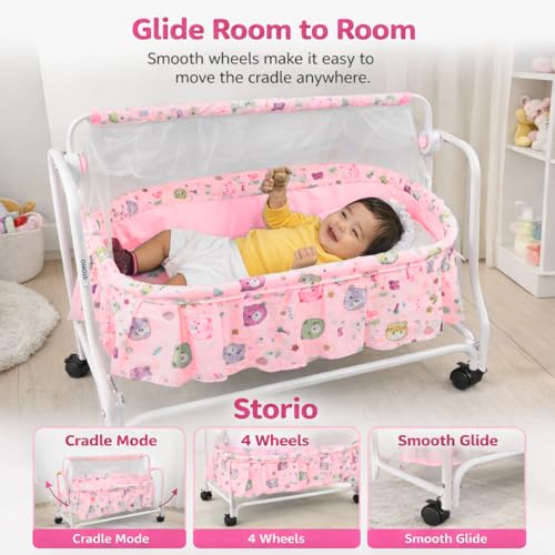Image of Storio Cozy Euro Cradle for New Born Baby | Baby Jhula, Palna & Swing Cradle for 0 to 3 Years | Thottil /Uyyala for Newborn | Swing Jhula for 0-2 Years Kids - Pink