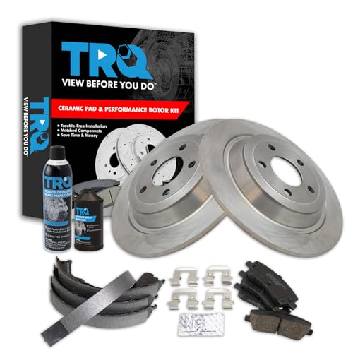 Image of TRQ Rear Brake Pad & Rotor Kit, with Chemical Kit Parking Brake Shoe Set Ceramic Compatible with 2015-2020 Ford Mustang