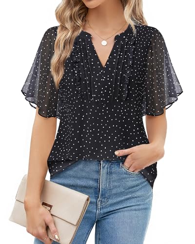 Furnex Womens Blouses Chiffon Ruffle Short Sleeve Tops Summer Pleated V Neck Casual Work Tops2