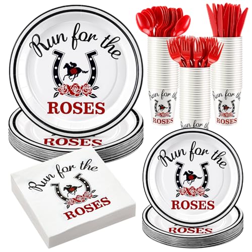 200 Pcs Derby Party Supplies for 25 Guests Disposable Derby Plates and Napkins Run for The Roses Tableware Set for Horse Racing Theme Party Decoration
