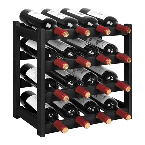VASMIA Botellero de Vino, Estante para Vino, estantería de bambú de 4 Niveles para encimera, Soporte Independiente para 16 Botellas, Adecuado para Cocina, despensa, Bodega, Bar, Negro
