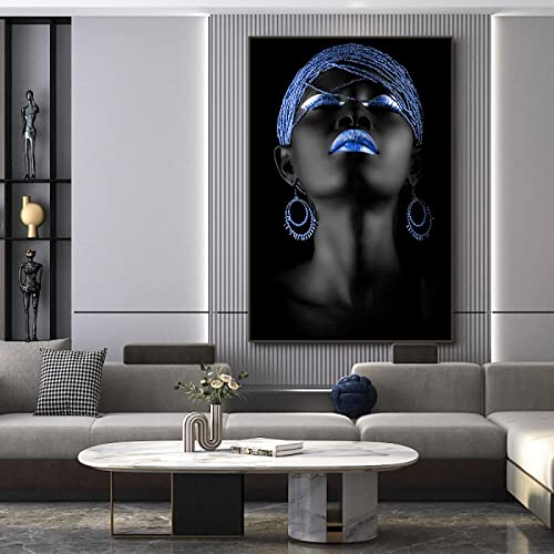 Affiche Femme Africaine Bleu 35x50cm art mural moderne sur toile pour décoration de chambre
