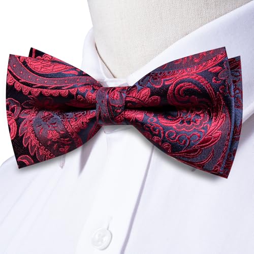 Image of Hi-Tie Bow Tie Men Pre Tied Bowtie Pocket Square Cufflinks Lapel Pin Formal Wedding Bow Ties for Men Party Tuxedo Bowtie Set,Navy Blue Red Paisley Floral