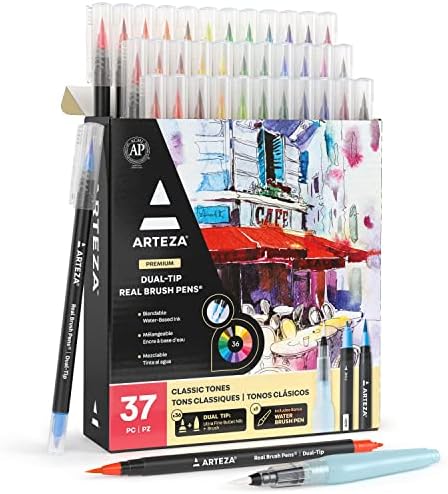 Arteza Real Brush Pens, 36 Dual-Tip Markers with Flexible Nylon Brush Tips, Professional Watercolor Pens for Painting, Drawing, Coloring with Water Brush