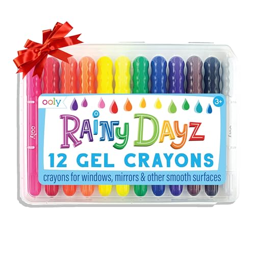 Ooly Rainy Dayz Gel Crayons for Kids - Set of 12 Rainbow Color Crayons for Glass and Paper Surfaces with Clear Plastic Crayon Case for Easy Portability, Kids Christmas Gifts