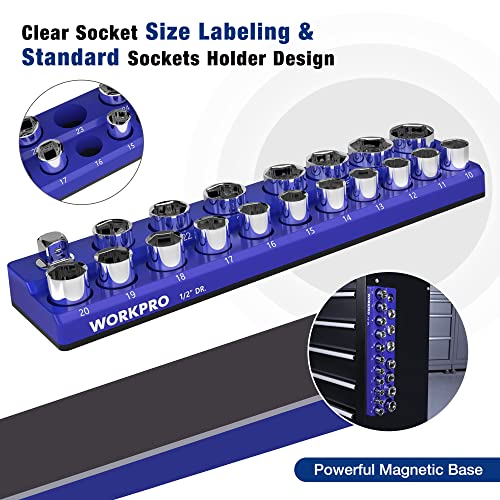 Image of WORKPRO Magnetic Socket Organizer, 1 /2-Inch Metric Socket Holder | Hold 19-Piece Sockets, Suitable for Standard and Deep Socket, Magnetic Base, No Scratches Installation, Sockets not Included
